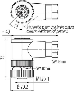 比例图 M12 弯角孔头电缆连接器, 极数: 4, 4.0-6.0mm, 非屏蔽, 笼式弹簧, IP67