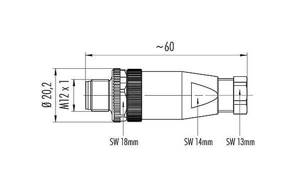 比例图 M12 直头针头电缆连接器, 极数: 4, 6.0-8.0mm, 非屏蔽, 压接(压接触点必须单独订购), IP67, UL 2238