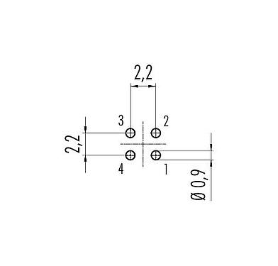 Conductor layout 09 0411 90 04 - M9 Male panel mount connector, Contacts: 4, unshielded, THT, IP67, front fastened