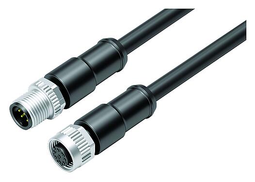 Illustration M12 Connecting cable male cable connector - female cable connector, Contacts: 8, unshielded, moulded on the cable, IP67/IP69K, UL 2238, PUR, black, 8 x 0.25 mm², 5 m
