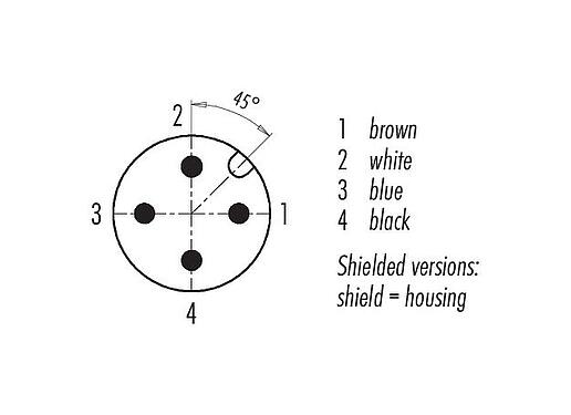 Contact arrangement (Plug-in side) M12 Male angled connector, Contacts: 4, shielded, moulded on the cable, IP67, UL 2238, PVC, grey, 4 x 0.34 mm², 5 m