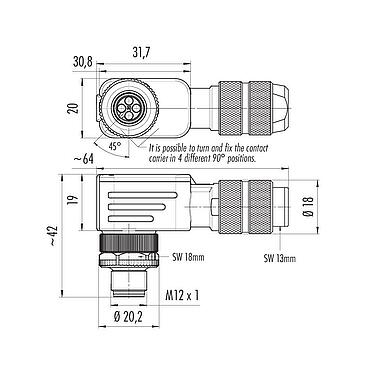 Scale drawing M12 Male angled connector, Contacts: 4, 5.0-8.0 mm, shieldable, crimping (Crimp contacts must be ordered separately), IP67, UL 2238