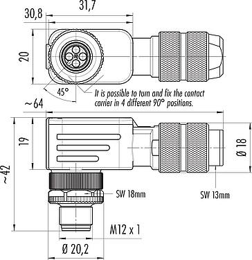 比例图 M12 弯角针头电缆连接器, 极数: 4, 5.0-8.0mm, 可接屏蔽, 压接(压接触点必须单独订购), IP67, UL 2238