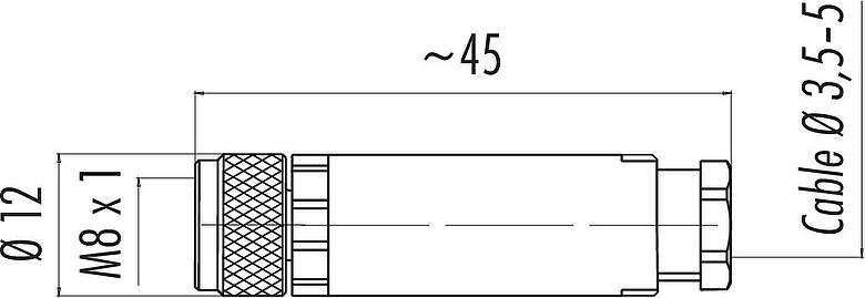 比例图 M8 直头孔头电缆连接器, 极数: 3, 3.5-5.0mm, 非屏蔽, 螺钉接线, IP67, UL 2238
