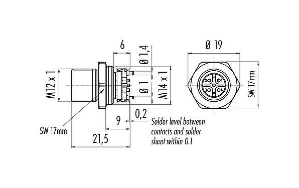 Scale drawing M12 Male panel mount connector, Contacts: 5, unshielded, SMT, IP67, M12x1.0, Front mounting