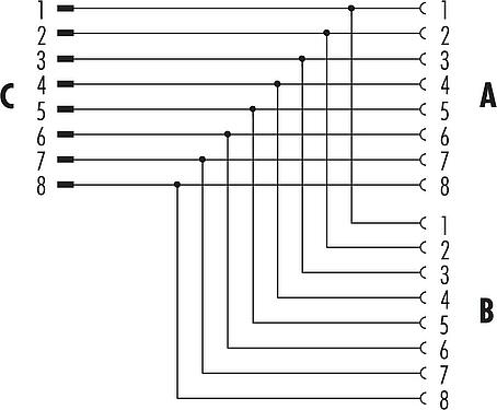 Pin assignment plans M12 Twin distributors, Y-distributor, male connector - 2 female connector, Contacts: 8, unshielded, pluggable, IP68, UL 2238