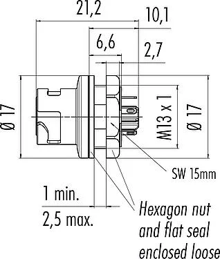 Scale drawing Bayonet Female panel mount connector, Contacts: 5, unshielded, solder, IP54 unplugged, M13x1,0, Front mounting