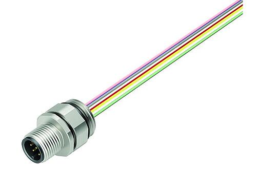 Illustration M12 Male panel mount connector, Contacts: 8, unshielded, single wires, IP68, UL 2238, PG 9, Front mounting, stainless steel, positionable, potted