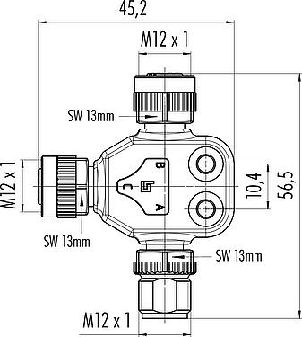 比例图 M12 双分线盒,T 型分配器, 针头连接器 - 2 孔头连接器, 极数: 5, 非屏蔽, 插拔式, IP68, UL 2238