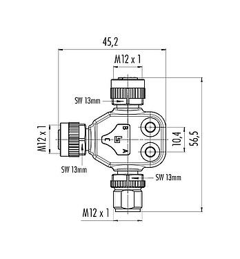 比例图 M12 双分线盒,T 型分配器, 针头连接器 - 2 孔头连接器, 极数: 5, 非屏蔽, 插拔式, IP68, UL 2238