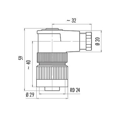 Scale drawing RD24 Female angled connector, Contacts: 3+PE, 6.0-8.0 mm, unshielded, screw clamp, IP67, UL, ESTI+, VDE, PG 9
