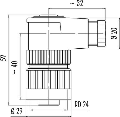 比例图 RD24 弯角孔头电缆连接器, 极数: 6+PE, 6.0-8.0mm, 非屏蔽, 螺钉接线, IP67, UL, ESTI+, VDE, PG 9