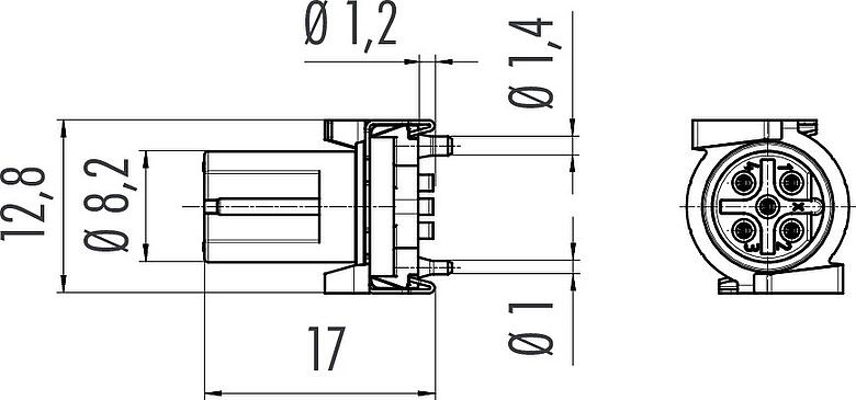 Scale drawing M12 Female receptacle, Contacts: 5, shieldable, SMT, IP67