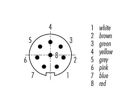Contact arrangement (Plug-in side) M9 Male angled connector, Contacts: 8, shielded, moulded on the cable, IP67, PUR, black, 8 x 0.14 mm², 5 m