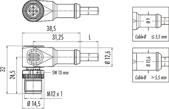 比例图 M12 弯角针头电缆连接器, 极数: 8, 非屏蔽, 预铸电缆, IP68/IP69K, UL 2238, PUR, 黑色, 8x0.25mm², 5m