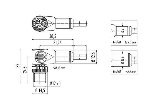 Scale drawing M12 Male angled connector, Contacts: 8, unshielded, moulded on the cable, IP68/IP69K, UL 2238, PVC, grey, 8 x 0.25 mm², 2 m