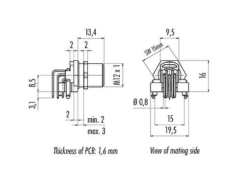 Scale drawing M12 Male angled panel mount connector, Contacts: 8, unshielded, THR, IP68, UL 2238, Rear mounting, for PCB assembly