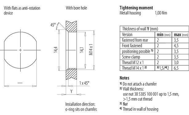 Assembly instructions / Panel cut-out M12 Female panel mount connector, Contacts: 8, shieldable, SMT, IP68, M14x1.0, Rear mounting