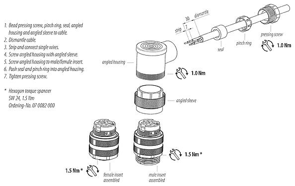 装配说明 7/8" 弯角针头电缆连接器, 极数: 3+PE, 6.0-8.0mm, 非屏蔽, 螺钉接线, IP67, UL 2238, VDE