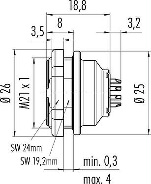 比例图 Push Pull 孔头法兰座, 极数: 12, 可接屏蔽, 焊接, IP67, M21x1,0, 後壁安裝