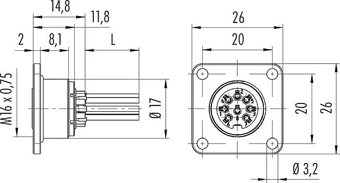 比例图 M16 孔头法兰座, 极数: 7 (07-a), 非屏蔽, 带导线, IP67, UL 2238, M18x0,75, 板前安装