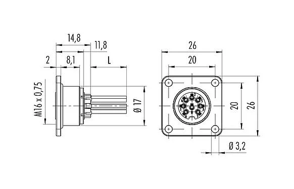 Scale drawing M16 Female panel mount connector, Contacts: 5 (05-a), unshielded, single wires, IP67, UL 2238, M18x0,75, Front mounting