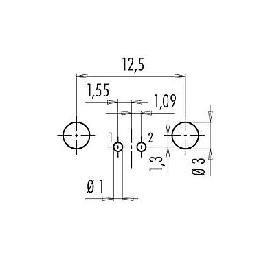 Conductor layout 09 0404 55 02 - M9 Female angled panel mount connector, Contacts: 2, shieldable, THT, IP67, front fastened