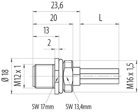 比例图 M12 针头法兰座, 极数: 4, 非屏蔽, 带导线, IP68, UL 2238, M16x1.5, 板前安装, 模压成型