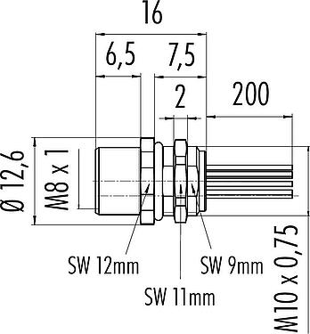 Scale drawing M8 Female panel mount connector, Contacts: 12, unshielded, single wires, IP67, UL 2238, M10x0.75, Rear mounting, potted