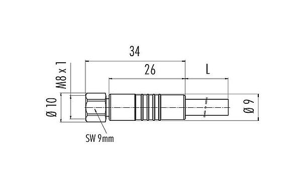Scale drawing 77 3706 0000 50003-0200 - M8 Female cable connector, Contacts: 3, unshielded, moulded on the cable, IP67/IP69K, UL, PUR, black, 3 x 0.34 mm², stainless steel, 2 m