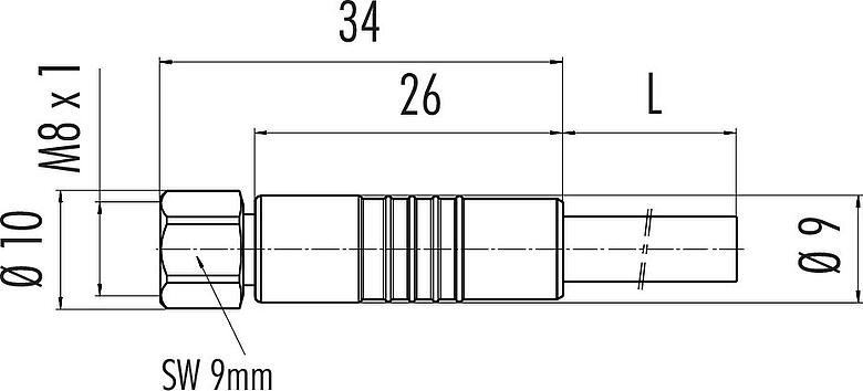 Scale drawing M8 Female cable connector, Contacts: 8, unshielded, moulded on the cable, IP67/IP69K, UL 2238, PVC, grey, 8 x 0.25 mm², stainless steel, 5 m