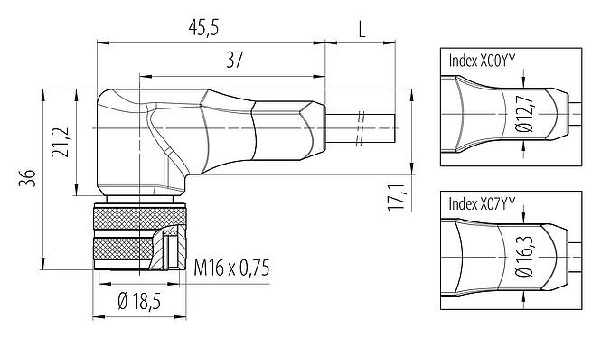Scale drawing M16 Female angled connector, Contacts: 6, shielded, moulded on the cable, IP67, PUR, black, 6 x 0.25 mm², 2 m