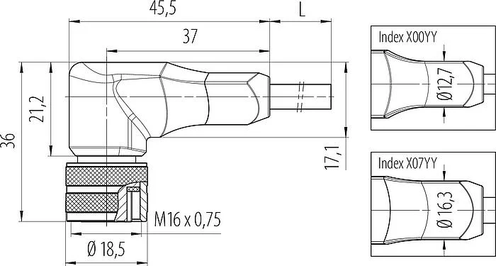Scale drawing M16 Female angled connector, Contacts: 3, shielded, moulded on the cable, IP67, PUR, black, 3 x 0.34 mm², 2 m