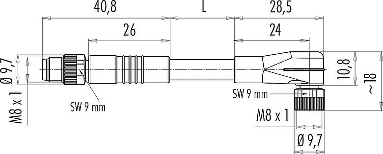 Scale drawing M8 Connecting cable male cable connector - female angled connector with LED, Contacts: 3, unshielded, moulded on the cable, IP67/IP69K, UL 2238, PUR, black, 3 x 0.34 mm², with LED PNP, 1 m