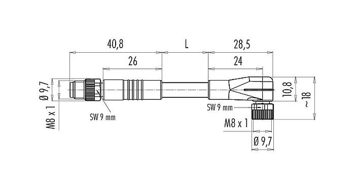 Scale drawing M8 Connecting cable male cable connector - female angled connector with LED, Contacts: 3, unshielded, moulded on the cable, IP67/IP69K, UL 2238, PUR, black, 3 x 0.34 mm², with LED PNP, 1 m