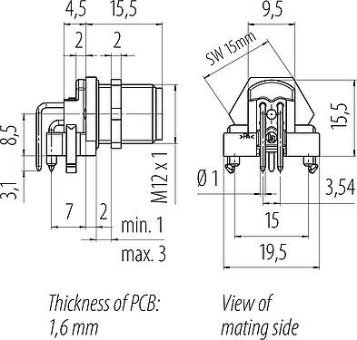 比例图 M12 针头法兰座, 极数: 4, 可接屏蔽, THR, IP67, UL 2238, M12x1.0, 後壁安裝