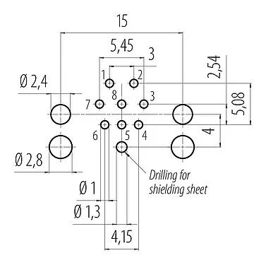导体结构 99 3482 601 08 - M12 孔头法兰座, 极数: 8, 可接屏蔽, THR, IP68, UL, 用于PCB组装
