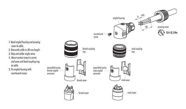 Assembly instructions M16 Female angled connector, Contacts: 6 (06-a), 4.0-6.0 mm, unshielded, solder, IP40