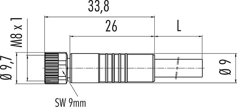 Scale drawing M8 Female cable connector, Contacts: 3, unshielded, moulded on the cable, IP67/IP69K, UL 2238, PVC, grey, 3 x 0.34 mm², with LED PNP, 5 m