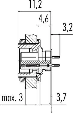 比例图 M9 孔头法兰座, 极数: 7, 非屏蔽, THT, IP67, M12x0.5, 後壁安裝