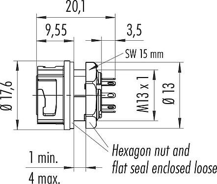 Scale drawing Bayonet Female panel mount connector, Contacts: 8, unshielded, solder, IP67, Front mounting