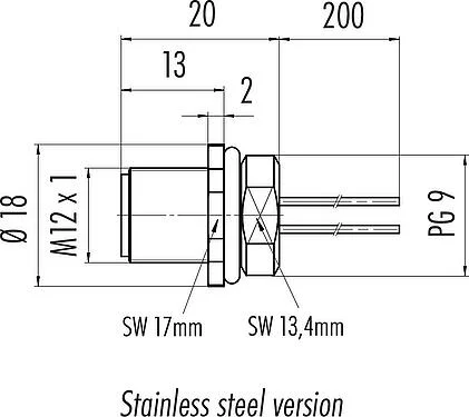 Scale drawing M12 Male panel mount connector, Contacts: 5, unshielded, single wires, IP68, UL 2238, PG 9, Front mounting, stainless steel, potted