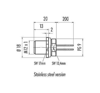 Scale drawing M12 Male panel mount connector, Contacts: 4, unshielded, single wires, IP68, UL 2238, PG 9, Front mounting, stainless steel, potted