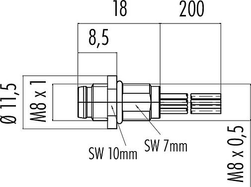 比例图 M8 针头法兰座, 极数: 8, 非屏蔽, 带导线, IP67/IP69K, UL 2238, M8x0.5, 板前安装, 模压成型
