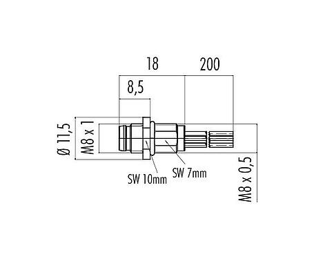 比例图 M8 针头法兰座, 极数: 6, 非屏蔽, 带导线, IP67/IP69K, UL 2238, M8x0.5, 板前安装, 模压成型