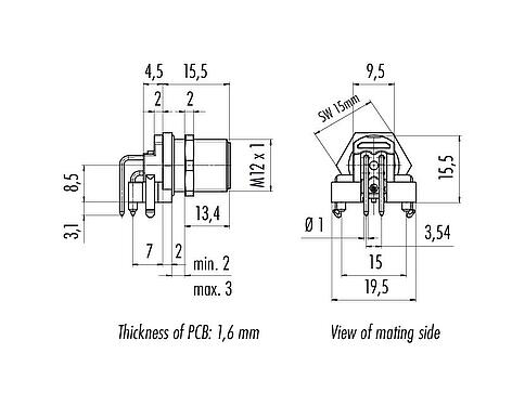 Scale drawing M12 Male angled panel mount connector, Contacts: 4, unshielded, THR, IP68, UL 2238, Rear mounting, for PCB assembly, two-part design