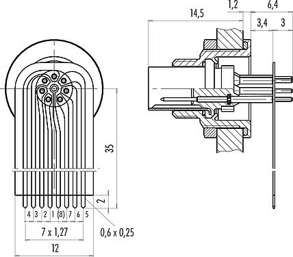 Connection & dimensions M9 Male panel mount connector, Contacts: 7, unshielded, THT, IP67, M12x0.5, Rear mounting, potted