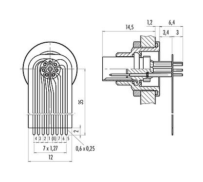 Connection & dimensions 09 0423 65 07 - M9 Male panel mount connector, Contacts: 7, unshielded, THT, IP67