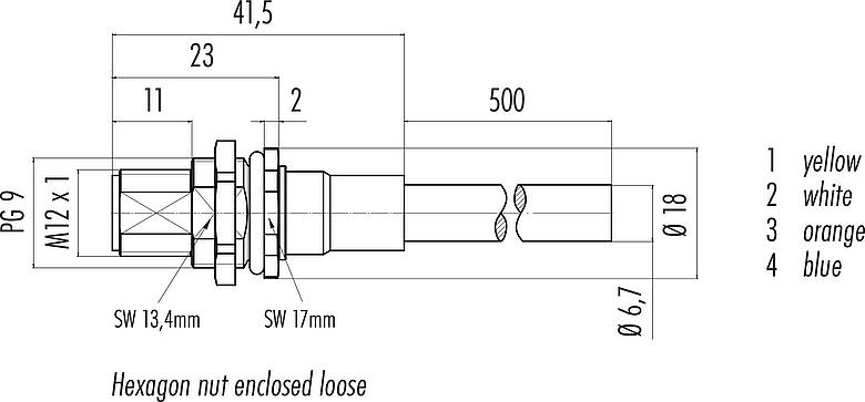 比例图 M12 针头法兰座, 极数: 4, 屏蔽, 法兰座带电缆, IP67, UL, PG 9, Profinet, PUR, 绿色, 2x2xAWG 22, 後壁安裝, 0.5m