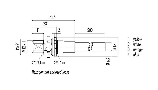 Scale drawing M12 Male panel mount connector, Contacts: 4, shielded, with cable assembled, IP67, UL, PG 9, Profinet, PUR, green, 2 x 2 x AWG 22, Rear mounting, 0.5 m